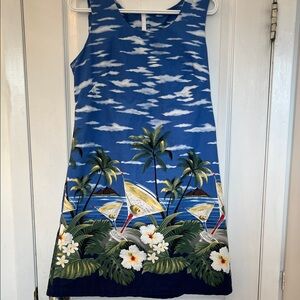 Blue Tropical Cocktail Print Mini Dress
